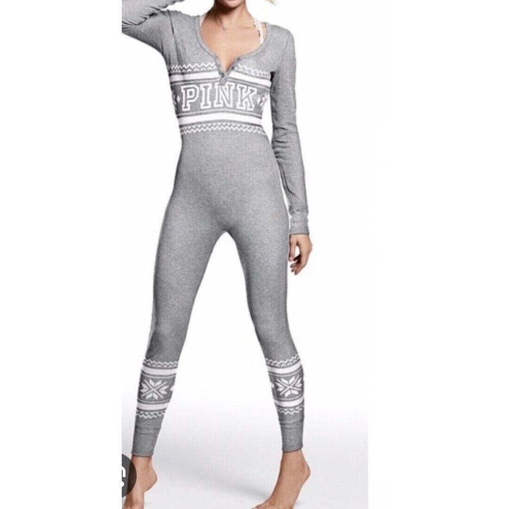 Victorias Secret PINK Thermal Union Suit Gray Snowflake Long John Small